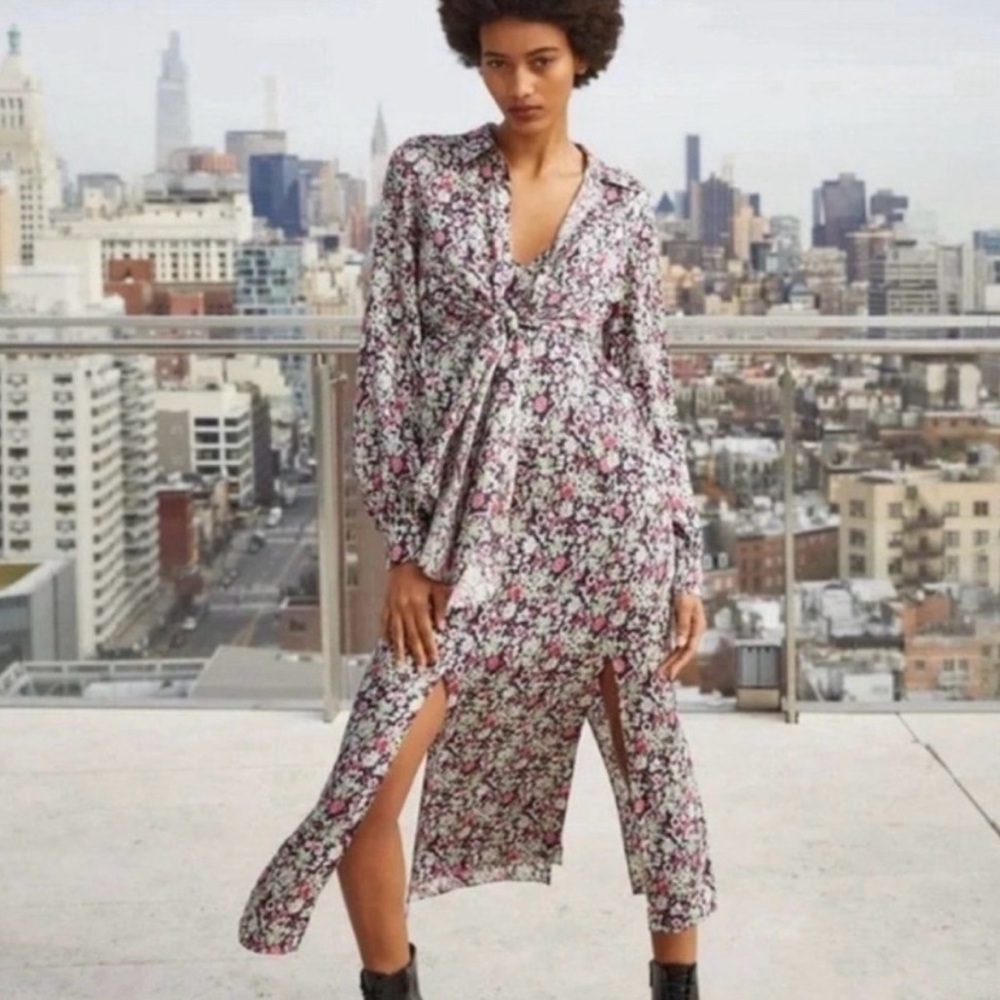 Cinq a Sept Blue Quin Floral Long-Sleeve Dress with Slits size‎ 6